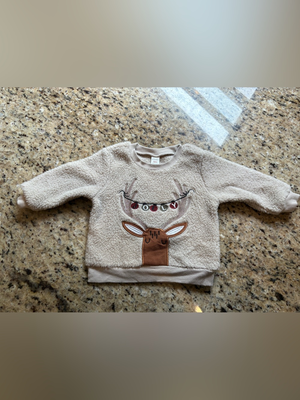 PL Baby by Petit Lem Beige Sherpa Reindeer Sweatshirt- Boys 12 Months
